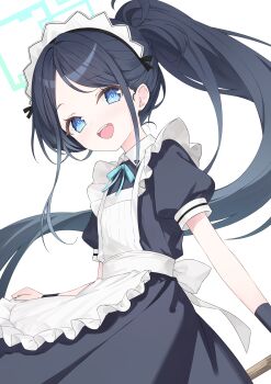 1girl absurdres apron aqua_ribbon aris_(blue_archive) aris_(maid)_(blue_archive) black_dress black_hair blue_archive blue_eyes dress frilled_apron frills halo highres lisu long_hair looking_at_viewer maid maid_apron maid_headdress neck_ribbon official_alternate_costume open_mouth ponytail puffy_short_sleeves puffy_sleeves ribbon short_sleeves simple_background smile solo teeth upper_teeth_only very_long_hair white_apron white_background