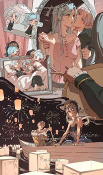 Rule 34 | absurdres, charlie su, chibi, couple, fireworks, highres, lantern, multiple views, night, night sky, paper lantern, shirt, sky, sky lantern, sleeping, white hair, white shirt, xiabai