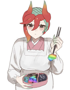 1girl absurdres apron bento brown_eyes chopsticks closed_mouth fingernails food gradient_hair green_hair hand_up highres holding holding_chopsticks japanese_clothes kappougi kimono long_sleeves looking_at_viewer multicolored_hair original pink_kimono red_hair sakoku_(oyatsu3ji_) sharp_fingernails shin_(sakoku_(oyatsu3ji_)) short_hair simple_background solo upper_body white_background