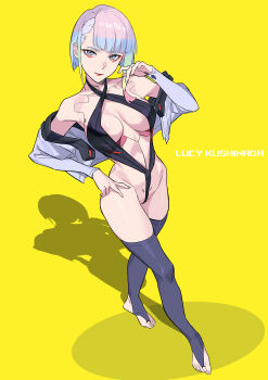 1girl absurdres arm_up bare_shoulders bigroll bikini blunt_bangs breasts character_name cleavage covered_navel criss-cross_halter cyberpunk cyberpunk_(series) cyberpunk:_edgerunners cyborg from_above full_body halterneck highres hip_bones jacket large_breasts looking_at_viewer lucy_(cyberpunk) medium_breasts micro_bikini multicolored_eyes multicolored_hair open_clothes open_jacket short_hair sidelocks solo standing swimsuit thighhighs yellow_background