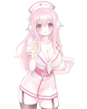 1girl belt breasts character_name cleavage commentary dress english_commentary garter_straps gloves hat headphones highres holding holding_syringe holding_tray large_breasts latex latex_gloves long_hair looking_at_viewer mipi_(u3u_00) multiple_belts nitroplus nurse nurse_cap parted_lips pink_eyes pink_hair short_dress short_sleeves skindentation solo super_sonico syringe thighhighs tray unworn_gloves very_long_hair