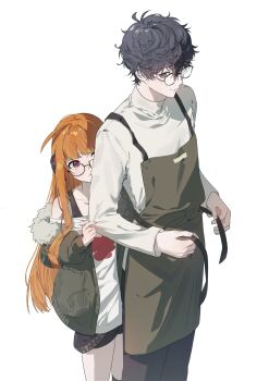 1boy 1girl ahoge amamiya_ren apron behind-the-head_headphones black-framed_eyewear black_eyes black_hair black_pants black_shorts blunt_bangs closed_mouth fcbcf888 fur-trimmed_jacket fur_trim glasses green_jacket headphones height_difference highres jacket long_hair long_sleeves off-shoulder_shirt off_shoulder one_eye_closed orange_hair pants persona persona_5 purple_eyes red_eyes sakura_futaba shirt short_hair shorts simple_background thighhighs turtleneck white_background white_shirt