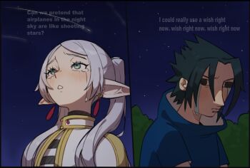 1boy 1girl airplanes_(b.o.b.) bad_sasuke_drawing_(meme) black_eyes black_hair blue_shirt blush capelet crossover crying earrings elf english_text flowerpigeon frieren furrowed_brow gold_trim green_eyes grey_hair hair_over_shoulder head_back high_collar highres jewelry long_pointy_ears looking_up meme mordetwi_(meme) naruto_(classic) naruto_(series) night night_sky parted_bangs parted_lips pointy_ears shirt shooting_star short_hair sky sousou_no_frieren star_(sky) starry_sky striped_clothes striped_shirt teardrop_earrings tearing_up twintails uchiha_sasuke upper_body upward_angle_frieren_drawing_(meme) white_capelet