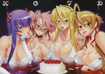 4girls absurdres blonde_hair blue_eyes bra breast_rest breasts bridal_gauntlets busujima_saeko cake cleavage collar covered_erect_nipples cream cream_on_face fake_horns food food_on_face glasses hair_ribbon hairband highres highschool_of_the_dead horns huge_breasts jewelry lace lace-trimmed_bra lace_trim large_breasts licking licking_finger lingerie long_hair looking_at_viewer marikawa_shizuka messy miyamoto_rei multiple_girls nail_polish necklace non-web_source official_art open_mouth pearl_necklace pink_hair pink_nails purple_hair red-framed_eyewear red_eyes ribbon satou_shouji scan strap_gap strap_pull strapless strapless_bra takagi_saya tongue twintails underwear white_bra yellow_eyes