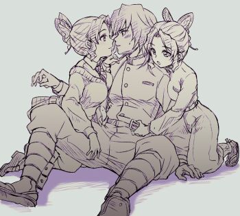 1boy 2girls :o asuma_shin belt blush breasts butterfly_hair_ornament buttons clone clone_harem closed_mouth commentary_request demon_slayer_uniform face-to-face finger_to_another&#039;s_mouth full_body greyscale hair_ornament hatching_(texture) hetero kimetsu_no_yaiba kochou_shinobu large_breasts linear_hatching long_sleeves looking_at_another monochrome multiple_girls on_ground pants parted_bangs removing_belt sandals short_hair simple_background tomioka_giyuu undressing_another white_background