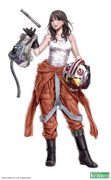 1girl animification bare_shoulders boots breasts brown_hair clothes_around_waist energy_sword floating full_body gloves helmet jacket jacket_around_waist jaina_solo jedi kotobukiya lightsaber medium_breasts pilot rebel_alliance_(star_wars) rebel_pilot_(star_wars) science_fiction shirt solo star_wars sword tank_top taut_clothes taut_shirt unworn_headwear unworn_helmet vest weapon yamashita_shun&#039;ya