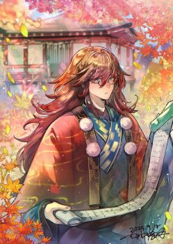 1boy aqlio brown_hair commentary_request glasses gradient_hair green_eyes hair_between_eyes highres holding holding_scroll japanese_clothes kurama_(rune_factory) long_hair male_focus multicolored_hair red_hair rune_factory rune_factory:_guardians_of_azuma scroll wide_sleeves