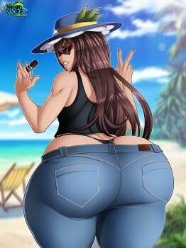 absurdres alternate_costume ass ass_focus black_tank_top brown_hair cigar curvy from_behind gensokyo_odyssey highres huge_ass kakkoi_elbertson long_hair purple_eyes sunglasses tall_female tan tank_top thick_thighs thighs touhou triangular_eyewear wide_hips