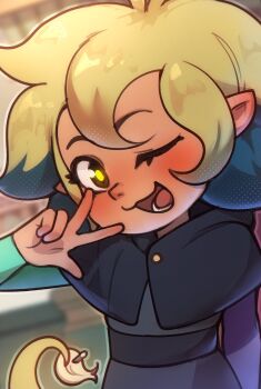 1girl absurdres amba_si asymmetrical_sleeves black_capelet black_dress black_eyes blonde_hair blue_hair blush capelet dress highres looking_at_viewer mismatched_sleeves one_eye_closed open_mouth pointy_ears short_hair smile solo tail teeth the_owl_house upper_body v vee_(the_owl_house) yellow_pupils