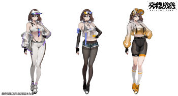 1girl bare_shoulders black_choker black_gloves black_pantyhose black_shoes black_sleeves blue_eyes blue_shorts breasts brown_hair character_request chinese_commentary choker cleavage closed_mouth commentary_request copyright_name daiblos_core detached_sleeves fingerless_gloves full_body gloves hand_on_own_hip highres huge_breasts jacket jewelry johnblack leggings legs long_sleeves looking_at_viewer medium_hair micro_shorts multicolored_jacket multiple_views necklace open_clothes open_jacket orange_shoes pantyhose purple_jacket reference_sheet see-through_clothes see-through_jacket shoes shorts simple_background single_bare_shoulder socks solo two-tone_jacket white_background white_jacket white_leggings white_shoes white_socks yellow_jacket