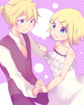 1boy 1girl adolescence_(vocaloid) aoi_choko_(aoichoco) bad_id bad_twitter_id bare_arms bare_shoulders blonde_hair brother_and_sister camisole close-up collarbone dancing eye_contact flat_chest flower hair_ornament hairclip halterneck highres holding_hands interlocked_fingers kagamine_len kagamine_rin looking_at_another necktie open_mouth polka_dot polka_dot_background ponytail shirt short_hair short_ponytail siblings sleeveless_blazer smile spaghetti_strap twins upper_body vocaloid white_camisole yellow_neckwear