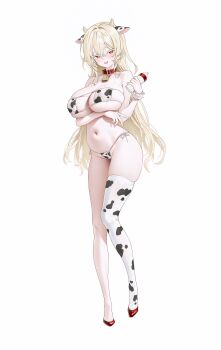 1girl absurdres alternate_costume animal_ears animal_print arm_under_breasts baby_bottle bare_shoulders bell bikini bottle breasts bright_pupils cleavage collar colored_eyelashes commission covered_erect_nipples cow_ears cow_horns cow_print cow_print_bikini cow_print_thighhighs cowbell eyepatch_bikini fake_animal_ears fake_horns full_body fymrie hand_up highres holding holding_bottle horns large_breasts lethe_rin long_hair looking_at_viewer navel open_mouth original print_bikini print_thighhighs red_collar red_eyes side-tie_bikini_bottom sideboob simple_background single_thighhigh skindentation smile solo stomach string_bikini sweat swimsuit thighhighs thighs underboob very_long_hair white_background white_bikini white_eyelashes white_hair white_thighhighs