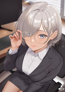 1girl adjusting_eyewear black_jacke black_skirt black_suit chair collared_shirt commentary_request computer_keyboard desk formal_clothes glasses grey_hair hair_over_one_eye hand_up highres indoors infinote long_sleeves monitor office_chair on_chair original pencil_skirt sashou_mihiro_(infinote) shirt short_hair sitting skirt suit swivel_chair thighs variant_set white_shirt