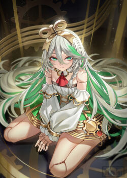 Rule 34 | 1girl, alternate hair length, alternate hairstyle, anklet, artist name, ascot, bangle, bare legs, blush, bracelet, braid, cecilia immergreen, cecilia immergreen (1st costume), chest belt, closed mouth, commentary, corset, detached collar, detached sleeves, doll joints, double-parted bangs, dress, english commentary, flat chest, frilled sleeves, frills, from above, full body, gears, gold trim, green corset, green eyes, green hair, green skirt, hair between eyes, hashtag-only commentary, highres, hololive, hololive english, jewelry, joints, long hair, looking at viewer, multicolored hair, musical staff, own hands together, red ascot, side braid, single braid, sitting, skirt, smile, solo, streaked hair, two-tone hair, very long hair, virtual youtuber, wariza, white dress, white hair, winding key, wszkii