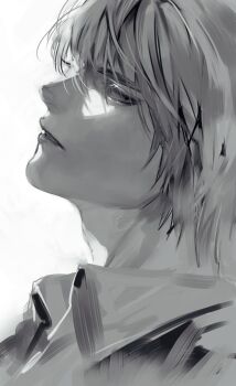 1boy clenched_teeth collared_shirt commentary_request death_note greyscale hair_between_eyes highres looking_at_viewer male_focus monochrome pan2ca parted_lips shirt short_hair sketch solo teeth upper_body white_background white_shirt yagami_light