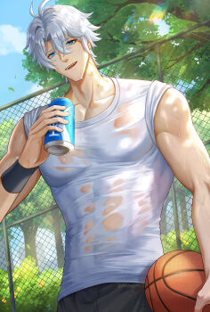 1boy absurdres antenna_hair ball basketball_(object) black_pants blue_eyes can debbie_(debbielu9972) earrings grey_hair hair_between_eyes highres holding holding_ball holding_can honkai:_star_rail honkai_(series) jewelry male_focus muscular muscular_male neck_tattoo open_mouth pants phainon_(honkai:_star_rail) shirt short_hair solo sweat tattoo wet white_hair white_shirt