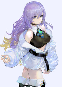 Rule 34 | 1girl, boots, breasts, commentary request, crop top, highres, hololive, hololive indonesia, jacket, large breasts, long hair, moona hoshinova, moona hoshinova (1st costume), purple eyes, purple hair, simple background, solo, starry hair, thigh boots, uturo, virtual youtuber, white background, white jacket