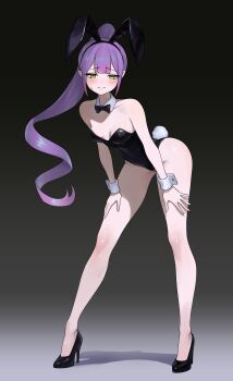 1girl absurdres alternate_costume animal_ear_hairband animal_ears bent_over black_bow black_bowtie black_leotard black_shoes bow bowtie breasts center-flap_bangs cleavage closed_mouth commentary covered_navel dalcom dated_commentary demon_girl detached_collar double-parted_bangs fake_animal_ears gradient_hair green_eyes hairband high_heels high_ponytail highleg highleg_leotard highres hololive leotard long_hair looking_at_viewer multicolored_hair pink_hair playboy_bunny pointy_ears ponytail purple_hair rabbit_ear_hairband rabbit_ears rabbit_tail red_leotard shoes small_breasts solo strapless strapless_leotard tail tokoyami_towa traditional_bowtie virtual_youtuber white_wrist_cuffs wrist_cuffs