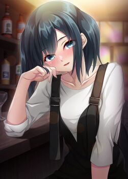 1girl bar_(place) black_dress black_hair blue_eyes dress highres kantai_collection looking_at_viewer official_alternate_costume playing_with_hair ruin_re_birth shirt sitting solo souryuu_(kancolle) souryuu_(kure)_(kancolle) twintails upper_body white_shirt