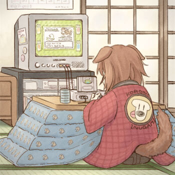 1girl alternate_costume animal_ears black_pants brown_hair character_name clothing_cutout commentary_request controller crt cup dog_ears dog_girl dog_tail faux_traditional_media from_behind game_console game_controller genny happi holding holding_controller holding_game_controller hololive indoors inugami_korone japanese_clothes kotatsu long_hair nintendo pants playing_games pokemon sitting sliding_doors solo table tail tail_through_clothes tatami under_kotatsu under_table virtual_youtuber yunomi