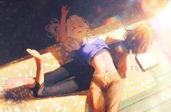 2girls asimov_(spindle_(aidenr0)) bare_shoulders barefoot blue_shirt book brown_hair brown_pants closed_eyes elf feet_up from_above highres indoors lying lying_on_person midriff multiple_girls navel on_back on_stomach open_book original ottilie_(spindle_(aidenr0)) pants pointy_ears reading shirt sleeping spindle_(aidenr0) sunlight white_hair