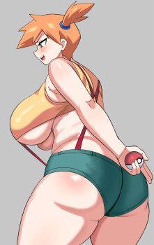 1girl alternate_breast_size_(larger) ass asymmetrical_hair blush breasts butt_crack crop_top curvy denim denim_shorts female_focus from_behind green_eyes green_shorts gym_leader highres holding holding_poke_ball huge_ass huge_breasts large_breasts looking_at_viewer looking_back misty_(pokemon) nintendo open_mouth orange_hair plump poke_ball poke_ball_(basic) pokemon pokemon_(anime) pokemon_(classic_anime) ponytail shirt short_hair short_shorts shorts side_ponytail sideboob smile solo suspenders tank_top teeth thick_thighs thighs underboob wide_hips yellow_shirt yellow_tank_top ytrall