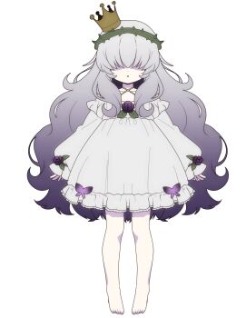 barefoot bk_(barakoodra) crown crown_of_thorns dot_nose dress flower hair_over_eyes highres lolita_fashion long_hair mini_crown original purple_flower very_long_hair white_background