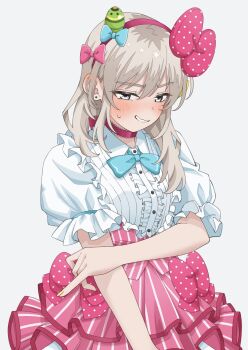 Rule 34 | 1girl, absurdres, blush, bow, center frills, choker, commentary, commission, cosplay, english commentary, frills, girls band cry, grey hair, hair bow, highres, iseri nina, iseri nina (cosplay), kawaragi momoka, koe naki sakana, long hair, multicolored hair, nail polish, pink bow, pink choker, pinky out, roots (hair), shirt, simple background, skeb commission, solo, wabe417, white background, white shirt, yellow nails