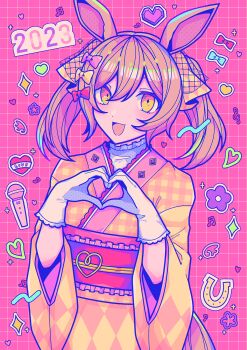 1girl 2023 animal_ears blush bow brown_eyes brown_hair commentary_request flower gloves hair_between_eyes hair_bow heart heart_hands highres horse_ears horse_girl horse_tail japanese_clothes kimono looking_at_viewer medium_hair microphone multiple_hair_bows musical_note obi open_mouth pink_bow purple_bow rirashi sash smart_falcon_(umamusume) smile solo tail twintails umamusume white_gloves yellow_kimono