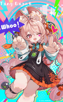 1girl :3 ;d absurdres ahoge animal_ear_fluff animal_ears bell black_dress braid dress english_text facial_mark fang furry furry_female hair_ornament heart highres long_hair long_sleeves looking_at_viewer monster_girl one_eye_closed open_mouth pink_hair rabbit_ears red_eyes skirt smile solo standing standing_on_one_leg symbol-shaped_pupils twintails very_long_hair zenless_zone_zero zhao_(zenless_zone_zero) zhipian_eli