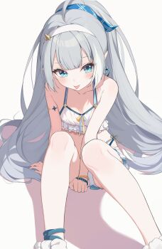 1girl absurdres ahoge arm_support bare_shoulders bikini blue_eyes blue_ribbon breasts collarbone extra_pupils feet_out_of_frame female_tyrant_(stella_sora) female_tyrant_(swimsuit)_(stella_sora) frilled_bikini frills grey_hair hair_ribbon hairband high_ponytail highres knees_together_feet_apart light_blush long_hair looking_at_viewer official_alternate_costume pointy_ears ponytail ribbon shadow shirokuma_(zeroillya) simple_background small_breasts solo stella_sora swimsuit tongue tongue_out tyrant_(stella_sora) very_long_hair white_background white_bikini white_hairband wristband