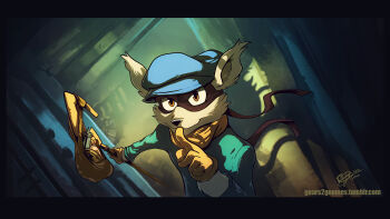 1boy animal_ears blue_hat blue_shirt commentary english_commentary finger_to_mouth furry furry_male gears2gnomes gloves grey_fur hat holding holding_weapon looking_at_viewer male_focus masked raccoon_boy raccoon_ears shirt shushing signature sly_cooper sly_cooper_(series) tumblr_username weapon yellow_gloves