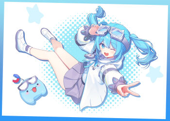 1girl :d ;d adjusting_eyewear blue_border blue_eyes blue_hair border character_request copyright_request creature deadnooodles dot_nose full_body goggles goggles_on_head grey_skirt highres jacket light_blush long_hair long_sleeves looking_at_viewer miniskirt one_eye_closed open_mouth pleated_skirt shirt shoes skirt smile solo teeth twintails upper_teeth_only v white_background white_jacket white_shirt white_shoes