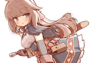 Rule 34 | 1girl, :o, blue capelet, blue skirt, blunt bangs, blush, breasts, brown gloves, brown hair, capelet, commentary request, cowboy shot, dot nose, frilled skirt, frills, gloves, hand up, highres, kareya, long hair, looking at viewer, medium breasts, open mouth, original, purple eyes, shirt, simple background, skirt, solo, white background, white shirt