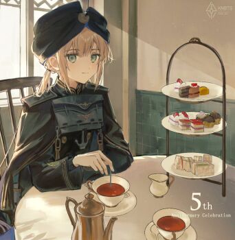 1boy androgynous black_cape black_poncho black_turban blonde_hair buttons cake cake_slice cake_stand cape captain_nemo_(fate) captain_nemo_(third_ascension)_(fate) creamer_(vessel) cup cupcake dessert double-breasted fate/grand_order fate_(series) food gold_trim green_eyes hat_feather holding holding_spoon long_hair looking_at_viewer low_twintails military_uniform naval_uniform nemo_(fate) saucer sherry_0014 sitting smile solo spoon sweets table tea_set teacup teapot tiered_tray turban twintails