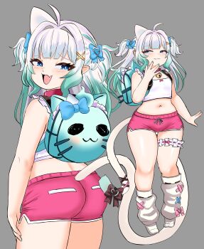 1girl absurdres ahoge animal_bag backpack bag bare_shoulders bell blue_eyes blue_nails blunt_bangs blush bow breasts cat_bag cat_tail clothing_request commentary cowboy_shot crop_top cropped_shirt densetsu.exe dolphin_shorts dot_nose frilled_shirt frills full_body green_hair grey_background hair_bow hair_intakes hand_up highres looking_at_viewer looking_up medium_hair midriff mint_fantome multicolored_hair multiple_views navel neck_bell open_mouth peagade pink_shorts shirt shirt_bow short_twintails shorts single_animal_ear sleeveless sleeveless_shirt small_breasts solo standing tail tail_bow tail_ornament thick_thighs thigh_strap thighs twintails two-tone_hair virtual_youtuber white_hair white_shirt white_tail