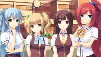4girls angry aoba_asuka blonde_hair blue_eyes blue_hair bow brown_eyes brown_hair everyone game_cg green_eyes honami_honoka jacket katsura_kaguya long_hair misato_minori multiple_girls necktie ponytail red_hair saimin_enbu sayori_(neko_works) school_uniform short_hair skirt smile twintails wavy_hair yellow_eyes