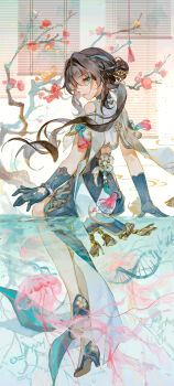1girl absurdres aqua_collar aqua_dress aqua_eyes aqua_gloves bamboo_curtain bamboo_screen bare_legs bare_shoulders bead_necklace beads black_hair blue_gloves bracelet branch breasts brown_hair capelet changze0331 chemical_structure china_dress chinese_clothes chinese_knot cleavage clothing_cutout collar commentary curtains dna double_helix dress elbow_gloves english_commentary floating_hair flower from_behind gloves green_dress green_eyes green_gloves green_hair hair_between_eyes hair_bun hair_ornament high_heels highres honkai:_star_rail honkai_(series) incense_burner jellyfish jewelry lipgloss long_hair looking_at_viewer looking_back looking_to_the_side mixed-language_commentary multicolored_hair multiple_girls necklace pearl_necklace plum_blossoms ruan_mei_(honkai:_star_rail) shoe_soles shoulder_cutout single_hair_bun sitting smoke solo streaked_hair white_capelet