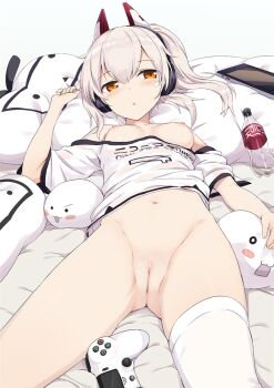 1girl :o ayanami_(azur_lane) azur_lane bare_shoulders bed_sheet blonde_hair blush blush_stickers bottle bottomless breasts breasts_out clothes_writing controller cowboy_shot dakimakura_(object) dualshock female_focus game_controller gamepad gotyou groin hagirussia hair_between_eyes hair_ornament half-closed_eyes hand_up headgear headphones highres long_hair looking_at_viewer lying navel nipples no_bra nude_filter off-shoulder_shirt off_shoulder on_back orange_eyes parted_lips pillow platinum_blonde_hair playstation_controller ponytail pussy shirt short_sleeves side_ponytail silver_hair simple_background single_thighhigh small_breasts solo stomach stuffed_toy tablet_pc thighhighs thighs third-party_edit uncensored underwear white_background white_shirt white_thighhighs