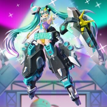 1girl aqua_eyes aqua_hair aqua_necktie armpits beamed_eighth_notes commentary_request concert cosplay crossover gloves gradient_hair gundam gundam_seed gundam_seed_destiny hair_ornament haro hatsune_miku headset highres ibuki_sakura_(sgw_v07) leotard long_hair mecha_musume meer_campbell meer_campbell_(cosplay) multicolored_hair multicolored_leotard musical_note necktie open_mouth pink_hair purple_leotard shield sparkle star_(symbol) star_hair_ornament teeth twintails upper_teeth_only very_long_hair vocaloid white_gloves white_leotard zaku_warrior_concert_custom zaku_warrior_concert_custom_(cosplay)