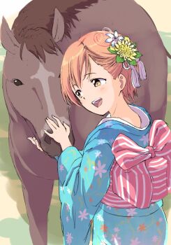 1girl animal blue_kimono brown_eyes commentary_request day flower hair_flower hair_ornament highres horse hoshizora_rin japanese_clothes kimono long_sleeves love_live! love_live!_school_idol_project open_mouth orange_hair outdoors sen_(sen0910) short_hair solo wide_sleeves