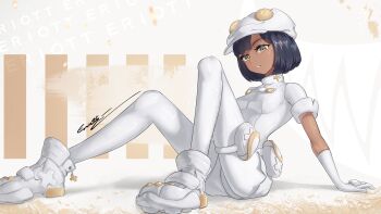 1girl absurdres aether_foundation_employee aether_foundation_employee_(female) aether_foundation_uniform artist_name ass black_hair bodysuit breasts buttons dark-skinned_female dark_skin elbow_gloves eriott gloves highres looking_at_viewer medium_breasts nintendo pokemon pokemon_sm short_hair signature sitting solo white_footwear white_headwear yellow_eyes