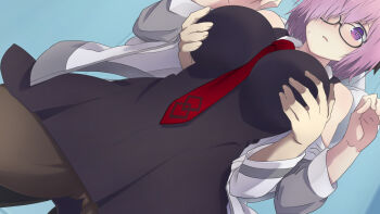 1boy 1girl blush breasts fate/grand_order fate_(series) fujimaru_ritsuka_(male) glasses grabbing_another's_breast groping mash_kyrielight necktie pantyhose pink_hair purple_eyes short_hair toraya_(doujintraya)