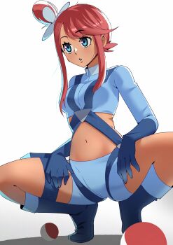 1girl absurdres blue_boots blue_eyes blue_gloves blue_shirt blue_shorts boots breasts commentary crop_top gjh gloves highres medium_breasts midriff navel nintendo parted_lips poke_ball poke_ball_(basic) pokemon pokemon_bw red_hair shirt short_shorts shorts sidelocks skyla_(pokemon) solo squatting stomach thigh_strap white_background
