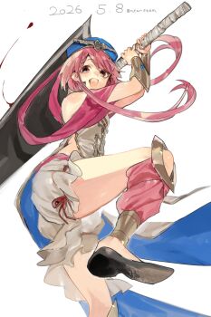 1boy androgynous bracer braid chinese_clothes chinese_hat highres holding holding_sword holding_weapon huge_weapon knee_up long_hair looking_at_viewer magi_the_labyrinth_of_magic male_focus meameeea open_mouth pink_eyes pink_hair ren_kouha shirt shorts simple_background smile solo sword trap weapon white_background