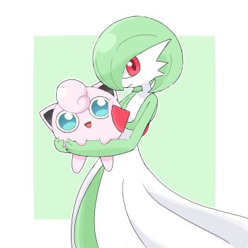 blue_eyes bob_cut colored_skin dress gardevoir gen_1_pokemon gen_3_pokemon green_skin highres jigglypuff looking_at_viewer mochitanabota multicolored_skin nintendo pink_eyes pink_skin pokemon pokemon_(creature) simple_background smile two-tone_background two-tone_skin white_dress white_skin