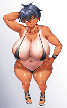 1girl absurdres areola_slip arm_up bikini black_bikini black_hair breasts cleavage highres hitch_(perotoss) huge_breasts micro_bikini navel one-piece_tan original sandals sergeant_joo sharp_teeth shiny_skin short_hair simple_background skindentation solo standing sweat swimsuit tan tanline teeth thong tomboy white_background yellow_eyes