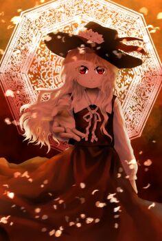 1girl backlighting black_hat blonde_hair bow brown_skirt brown_vest closed_mouth collar commentary cowboy_shot dated_commentary dolls_in_pseudo_paradise eyes_visible_through_hair falling_petals flat_chest frills glowing_symbol hat hat_feather highres jacket_girl_(dipp) light_smile long_hair long_sleeves looking_at_viewer octagon outstretched_hand petals reaching reaching_towards_viewer red_eyes ribbon skirt solo standing staring touhou user_rdeh3228 vest wavy_hair white_bow white_collar white_ribbon wind wind_lift
