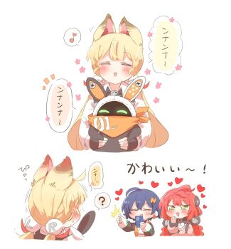 3girls :3 :d ? ^_^ ahoge alice_thymefield animal_ears bangboo_(zenless_zone_zero) belle_(zenless_zone_zero) black_gloves blonde_hair blue_hair blush chibi closed_eyes collared_shirt commentary_request cropped_torso fingerless_gloves flower_symbol gloves green_eyes heart long_hair long_sleeves multiple_girls musical_note open_mouth rabbit_ears rabbit_girl rebecca_(keinelove) red_hair shirt short_hair simple_background smile speech_bubble spoken_musical_note spoken_question_mark translation_request ukinami_yuzuha white_background white_shirt zenless_zone_zero