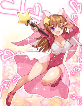 1girl blue_eyes breasts brown_hair commentary_request commission cougar_(cougar1404) covered_navel full_body hair_ornament heaven_dancer holding holding_wand large_breasts leotard long_hair looking_at_viewer one_eye_closed open_mouth saga saga_frontier skeb_commission solo star_(symbol) v wand